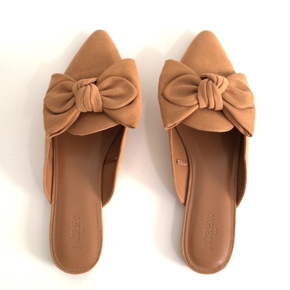 J.Crew Tan Faux Suede Knotted Bow Pointed Toe Mules Flats Womens 8